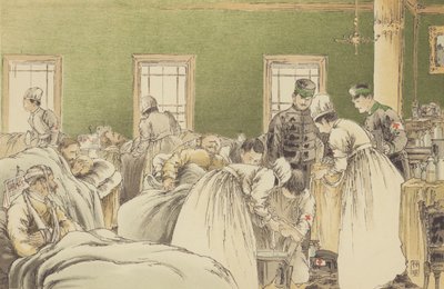 Atendendo aos Feridos Russos no Hospital Temporário da Cruz Vermelha Japonesa em Chemulpo (chromolitho) 作： Japanese School