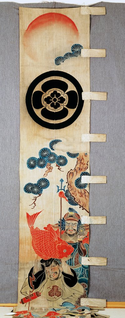 幟（のぼり） 七福神図細目 家紋 丸花 綿布 米粉予備染め 顔料・インク・薬品・インク使用 日本文明 明治～大正時代・20世紀 作： Japanese School