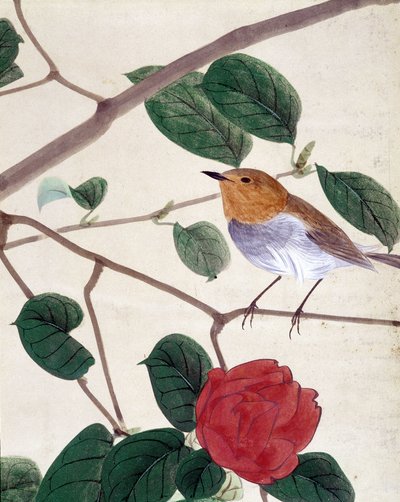鳥と花。19世紀後半の日本画、理王智夢作。 作： Japanese School