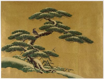 木の鳥（和紙の金地面に対してトイレ） 作： Japanese School