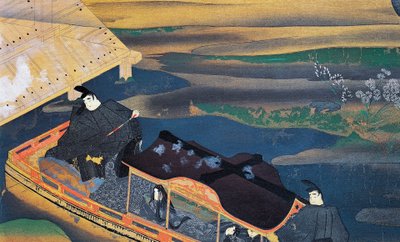 藤原信実（1176-1265）による月明かりのボート、紫式部の日記、日本文明のイラスト 作： Japanese School
