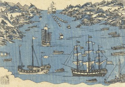 長崎港の外船の文金堂版画、1800〜50年 作： Japanese School