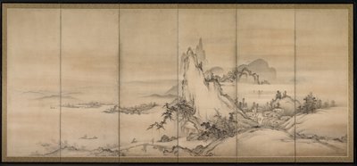 中国の風景、6つ折りスクリーンのペアの1つ 作： Japanese School