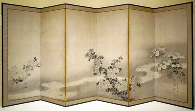 小川の菊（紙にインク） 作： Japanese School