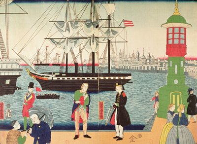 日本の芸術家が想像したパリの街、c.1859（カラー木版） 作： Japanese School
