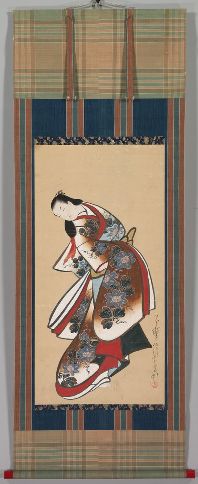 花魁、1700年代初頭（紙に掛け軸、インク、カラー） 作： Japanese School