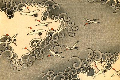 灰色の雲の中を飛ぶ鶴 作： Japanese School