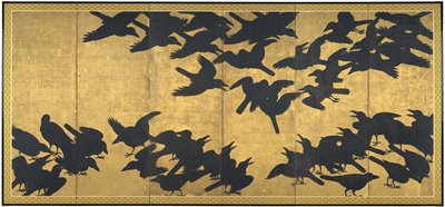 カラス、17世紀初頭（6つのパネルスクリーンのペア、紙にインクと金） 作： Japanese School
