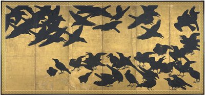 カラス、17世紀初頭（6つのパネルスクリーンのペア、紙にインクと金） 作： Japanese School