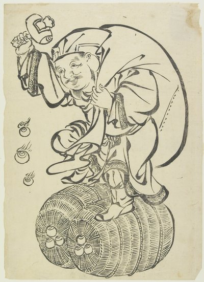 18世紀半ばから後半にかけての米俵の上で踊る大黒神（版画） 作： Japanese School