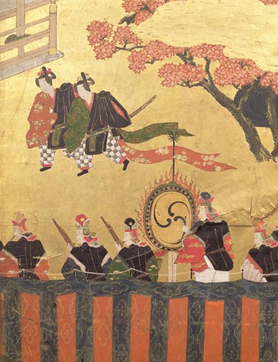 カザリタチと兵士を身に着けた二人の廷臣、江戸時代の土佐派を描いた四つ葉の画面の詳細（色、インク、gofun、紙の上の金） 作： Japanese School