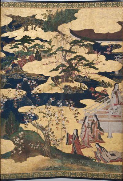 春の宮殿の詳細、源氏物語の6面スクリーン、1650年頃（紙にインク、色、金） 作： Japanese School