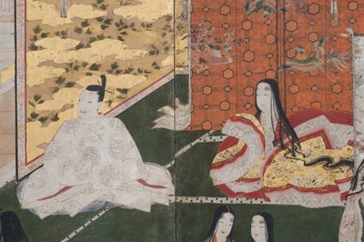 春の宮殿の詳細、源氏物語の6面スクリーン、1650年頃（紙にインク、色、金） 作： Japanese School