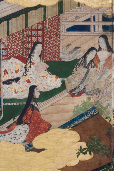 春の宮殿の詳細、源氏物語の6面スクリーン、1650年頃（紙にインク、色、金） 作： Japanese School