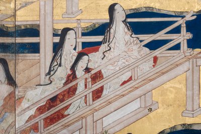 春の宮殿の詳細、源氏物語の6面スクリーン、1650年頃（紙にインク、色、金） 作： Japanese School
