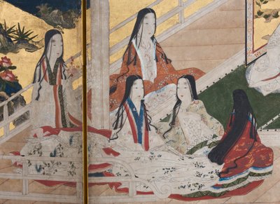 春の宮殿の詳細、源氏物語の6面スクリーン、1650年頃（紙にインク、色、金） 作： Japanese School