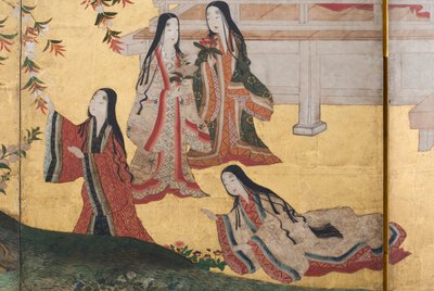 春の宮殿の詳細、源氏物語の6面スクリーン、1650年頃（紙にインク、色、金） 作： Japanese School