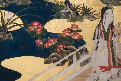 春の宮殿の詳細、源氏物語の6面スクリーン、1650年頃（紙にインク、色、金） 作： Japanese School