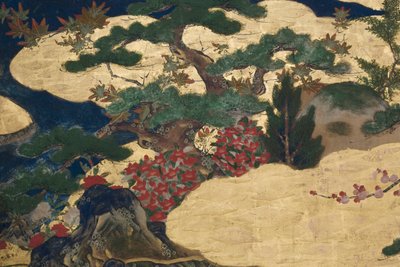 春の宮殿の詳細、源氏物語の6面スクリーン、1650年頃（紙にインク、色、金） 作： Japanese School