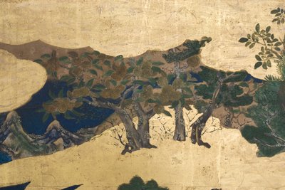 春の宮殿の詳細、源氏物語の6面スクリーン、1650年頃（紙にインク、色、金） 作： Japanese School