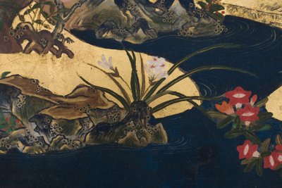 春の宮殿の詳細、源氏物語の6面スクリーン、1650年頃（紙にインク、色、金） 作： Japanese School