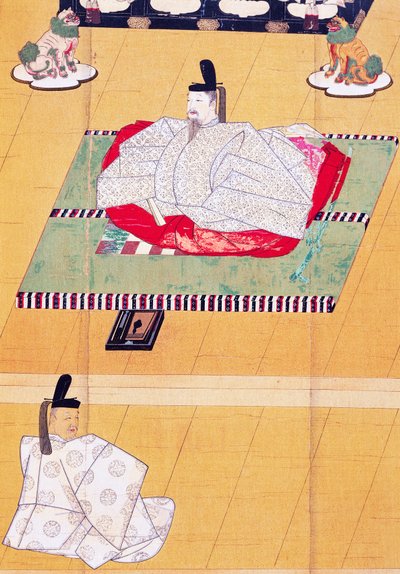 後醍醐天皇と藤房大臣の木版画、鎌倉時代 (1185-1333)、日本文明 作： Japanese School