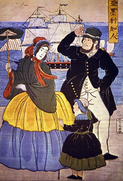 1861年に日本人画家が描いた横浜港前のヨーロッパ人家族 作： Japanese School