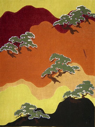 木々のある山のファブリックデザイン 19世紀末（水彩画） 作： Japanese School