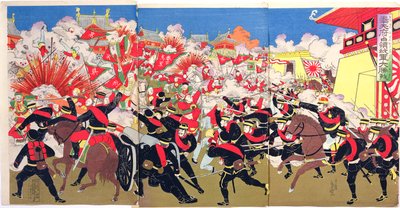 中国の都市での日中部隊間の激しい戦い、19世紀後半の日清戦争のエピソード（カラー木版画） 作： Japanese School