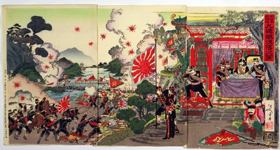19世紀後半の日中戦争のエピソード、日本将校のグループが調査した日本と中国の軍隊間の戦い（カラー木版画） 作： Japanese School
