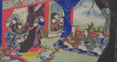 Fishermen Showing their Penises to the Empress and her Court, from an erotic story of fishermen shipwrecked on an island inhabited by women (hand-coloured engraving)   1438753   ja       japanese Successfully Translated  Original: Curates Bible, by Luigi C 作： Japanese School