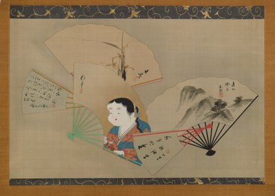 Five Fans, by Sakai Hoitsu (1761-1828), Tani Buncho (1763-1840), Haruki Nanko (1759-1839), Kameda Bosai (1752-1826) and Kikuchi Gozan (1772-1855), c.1820s (hanging scroll, ink, gofun & gold on silk) 作： Japanese School