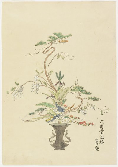 六角堂の生け花？池坊？セニー？松とアカシア（手塗りの木版画） 作： Japanese School