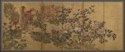 花と小川、スクリーン 作： Japanese School