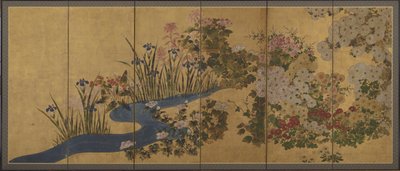 花と小川、スクリーン 作： Japanese School