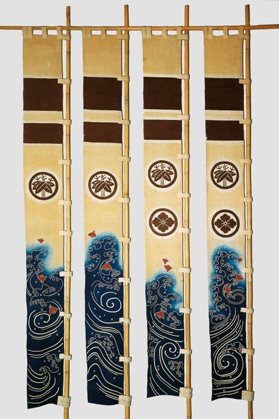 波千鳥、家紋、竹、丸に花、木綿、澱粉藍浸染、顔料墨彩、日本文明、明治大正期 作： 日本語学校