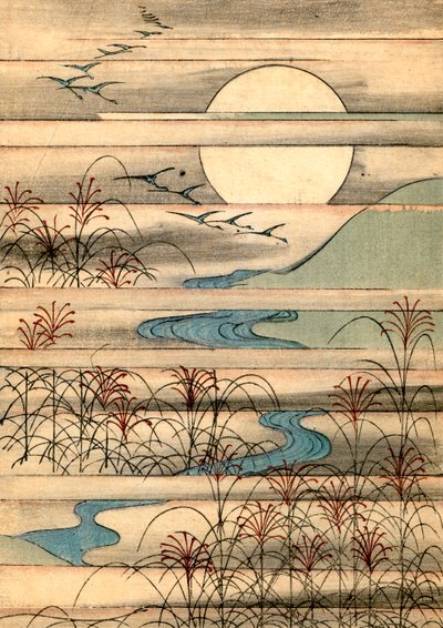 川面に浮かぶ満月の風景 作： Japanese School