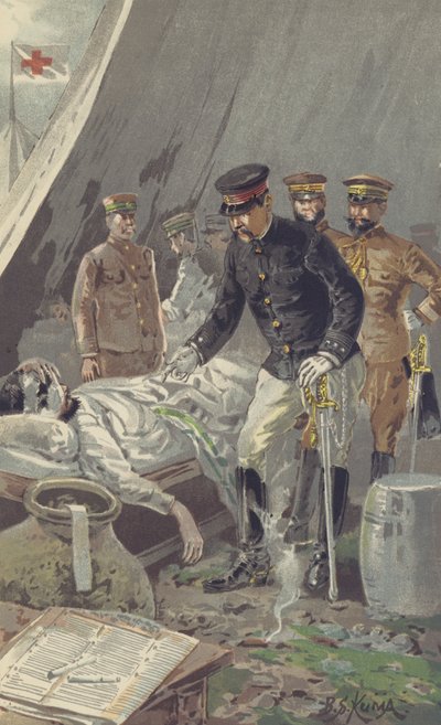 General Prince Fushimi consolando um soldado ferido após a feroz batalha de Nanshan (chromolitho) 作： Japanese School