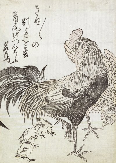鶏、雄鶏、鶏（木版画） 作： Japanese School