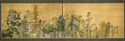 日本美術：花をあしらった屏風。琳派（1596-1615）の様式。絹地に描かれています。寸法65x189 cm 個人蔵 作： Japanese School