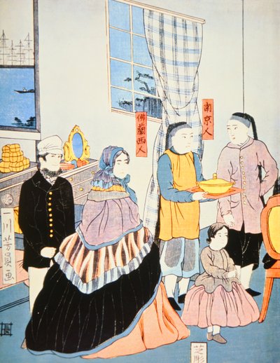 1870年頃、日本を訪れたヨーロッパ人を描いた日本の版画（カラー木版画 作： Japanese School