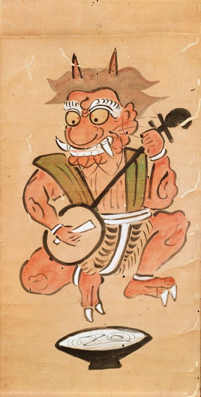 三味線を弾く悪魔を描いた掛物（巻物にインクと色） 作： Japanese School