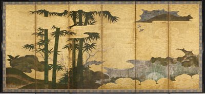 月夜の竹林 16世紀初頭 六曲一双屏風 墨・彩色・金彩・紙
紙本) 作： Japanese School