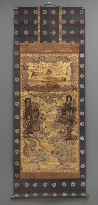 壁画です。二十五菩薩降臨図
二十五菩薩降臨図（阿弥陀三尊の従者） 18世紀
18世紀 三幅の掛軸 紙に墨、彩色、金箔、真鍮
紙に墨、色、金箔、真鍮) 作： Japanese School