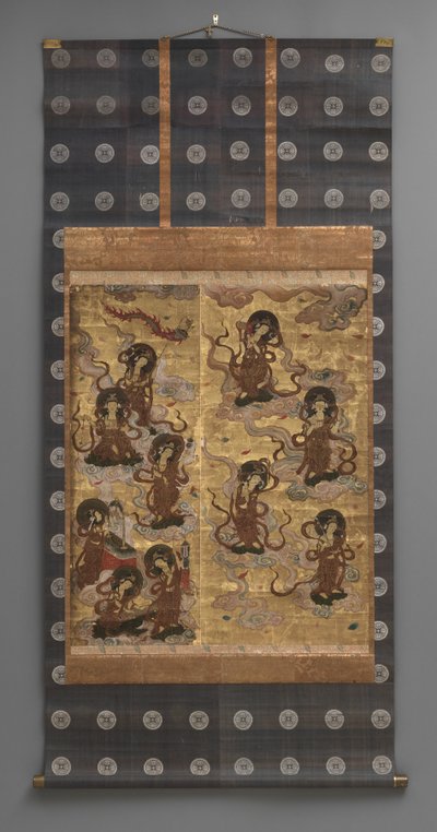 壁画です。二十五菩薩降臨図
二十五菩薩降臨図（阿弥陀三尊の従者） 18世紀
18世紀 三幅の掛軸 紙に墨、彩色、金箔、真鍮
紙に墨、色、金箔、真鍮) 作： Japanese School