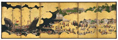 江戸時代のポルトガル貿易船の到着を描いた南蛮六つ屏風 作： Japanese School