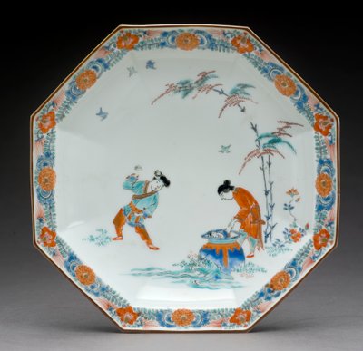井戸物語の中でホブを描いた八角形の皿、柿右衛門焼、c.1700（釉薬を施した土器） 作： Japanese School