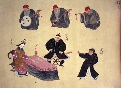 Or.961 fol.21 奏者と奏者、「琉球の音楽演奏」より x.1800-50 (ベラム) 作： Japanese School