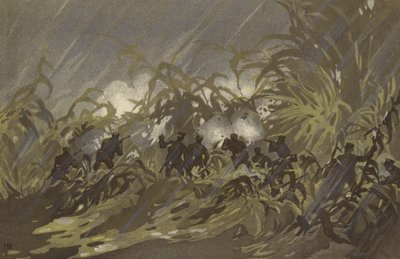 Jalkaväesotilamme taistelevat hirssipellolla lähellä Liao-yangia (chromolitho) 作： Japanese School
