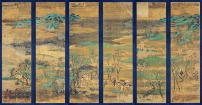 Paysage (Landscape) 画面 6 パネル - 匿名の作品、シルクにグワッシュ 作： Japanese School